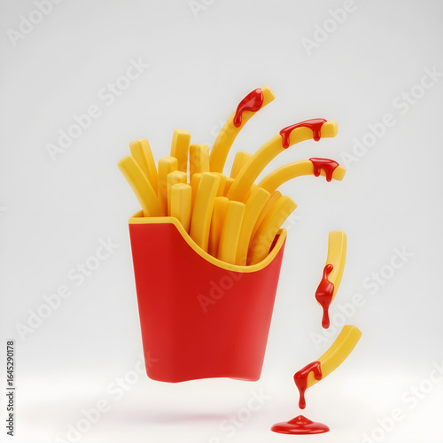 Delicious french fries with dripping ketchup, a vibrant and fun food indulgence concept for restaurants