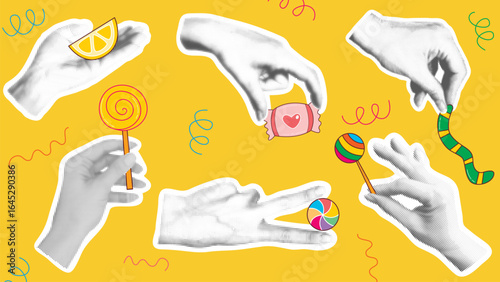 Candy on  stick, lollipop, jelly worm and marmalade in hands. Female hands in halftone style holding candies.  Trendy collage on the theme of sweets and treats, vector graphics
