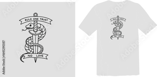 Old-School Tattoo Style Snake Wrapped Around Dagger - "Rule One Trust No Love"