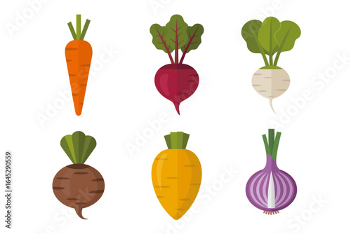 Root vegetable icon set, carrot beet turnip radish onion, farm fresh vector, kitchen recipe card, printable poster design