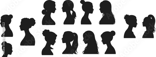 Female profile silhouette, woman head, hairstyle vector, ponytail, bun, side view, black illustration, lady portrait, beauty, fashion, haircut, girl