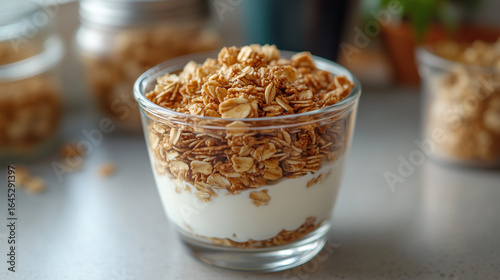 A delicious healthy breakfast featuring a clear glass cup filled with layers of creamy white yogurt and crunchy golden brown granola, ready to be enjoyed.