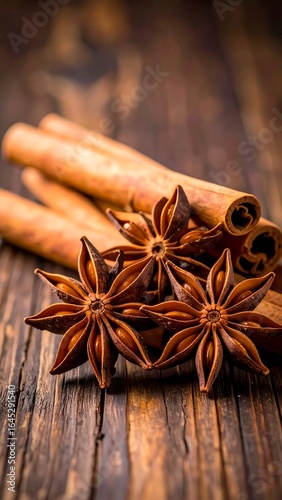 Cinnamon sticks and star anise on a rustic wooden surface