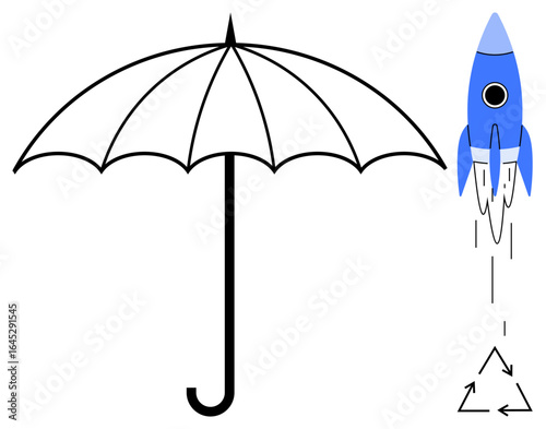 Black umbrella signifies protection, blue rocket emphasizes innovation and growth, recycling arrows highlight sustainability. Ideal for safety, creativity, technology, progress, eco-awareness