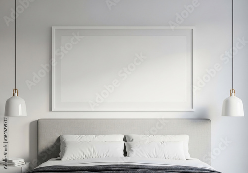Minimalist Bedroom Interior with Empty White Picture Frame Mockup