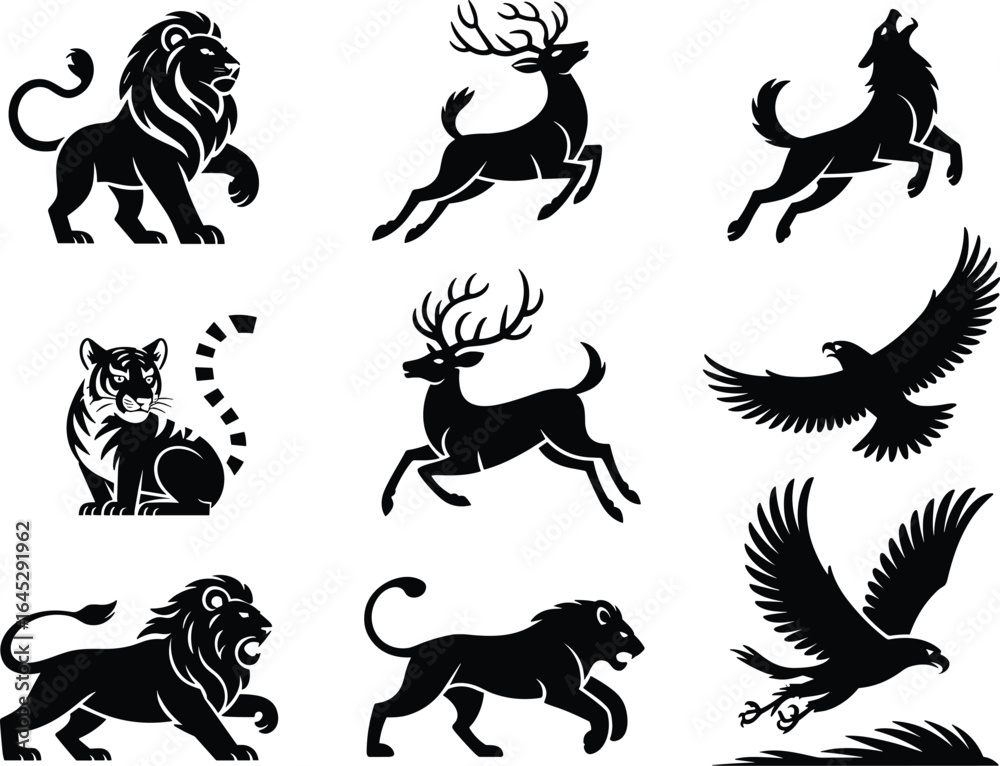 Naklejka premium Wild animal silhouettes, lion, deer, wolf, tiger, eagle, black vector illustration, wildlife icons, hunting design, predator, forest animals, flying bird