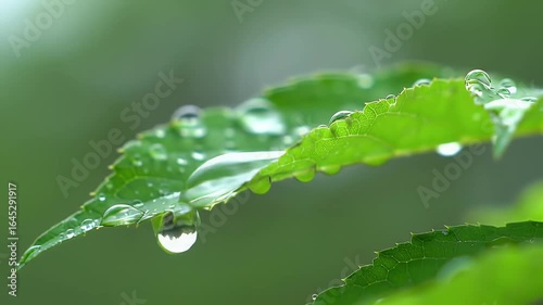 Macro Shot of Fresh Green Leaf with Clear Rain or Dew Drops Reflecting Sunlight
