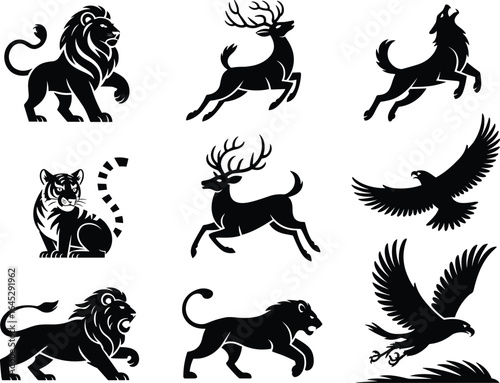 Wild animal silhouettes, lion, deer, wolf, tiger, eagle, black vector illustration, wildlife icons, hunting design, predator, forest animals, flying bird