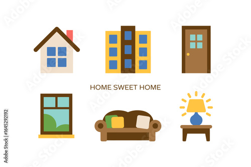 Home sweet home icon set, house window door sofa lamp vector, cozy interior illustration, family home clipart, domestic design elements