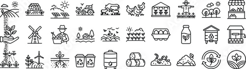 Agriculture and farming icons set, farm landscape, farmhouse, solar panels, tractor, cows, chickens, greenhouse