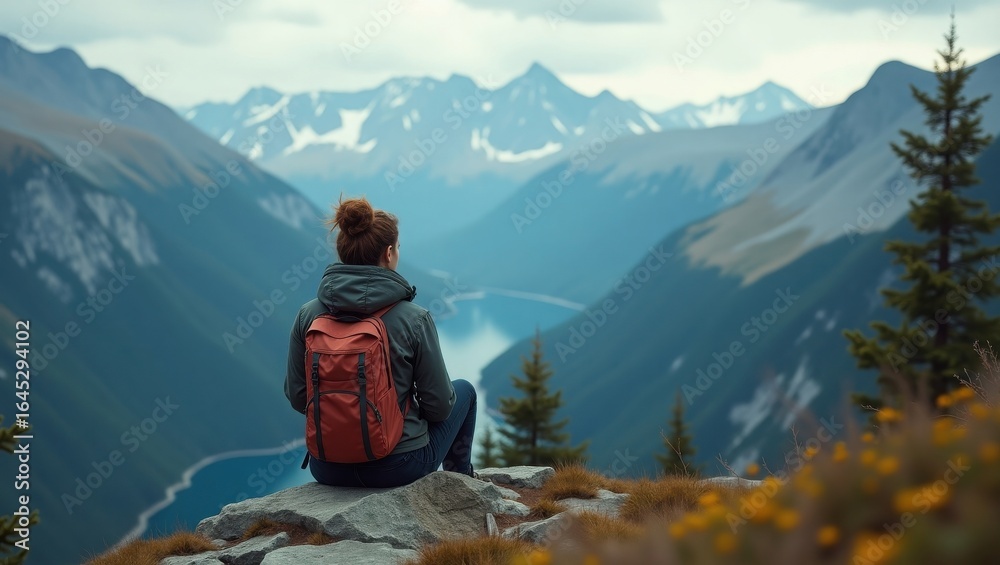 Fototapeta premium Woman hiker standing on mountain cliff with backpack, overlooking scenic river valley and dramatic peaks at sunrise, adventure and exploration concept.