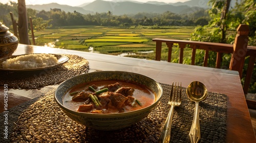 Delicious thai curry with rice served on a wooden table overlooking rice fields in a tropical setting