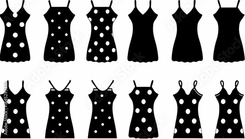 Collection of twelve black dresses with various strap and polka dot designs in two rows format |  editable eps vectors silhouette