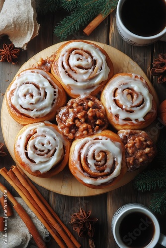 Freshly Baked Cinnamon Rolls Served on a Wooden Platter With Coffee and Spices
