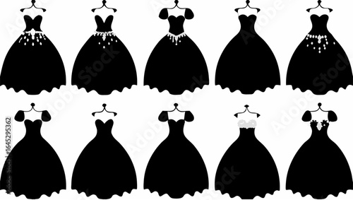 Illustration of ten black dresses with different designs on mannequins in a repeating pattern |  editable eps vectors silhouette