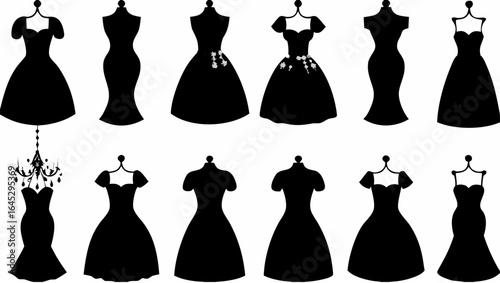 Silhouette collection of elegant dresses on mannequins with various styles and a chandelier design element |  editable eps vectors