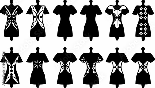 Collection of twelve black dresses on mannequins with varying white patterns and solid black silhouettes |  editable eps vectors