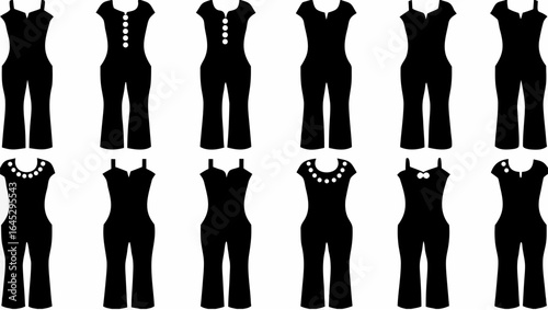 Collection of twelve black jumpsuit silhouettes with various necklines and strap styles arranged in rows |  editable eps vectors