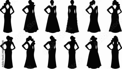 Silhouette collection of women in elegant dresses posing with hands on hips in various styles and designs |  editable eps vectors