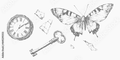 Butterfly, keys, watch and broken glass. Graphic shape with rough grit, threshold blur and stippled ink noise, dusty grain pattern and faded grunge edges.