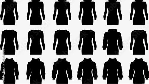 Silhouette pattern featuring multiple rows of dresses with varying neckline and sleeve styles shown |  editable eps vectors