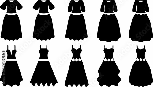 Illustration of ten black dresses with varying styles and lengths arranged in two rows of five each |  editable eps vectors silhouette