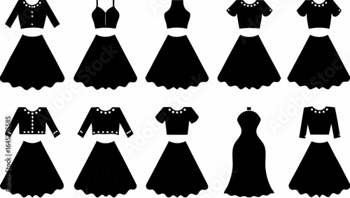 Illustration showing an assortment of dresses and skirt top combinations in black and white silhouette style |  editable eps vectors