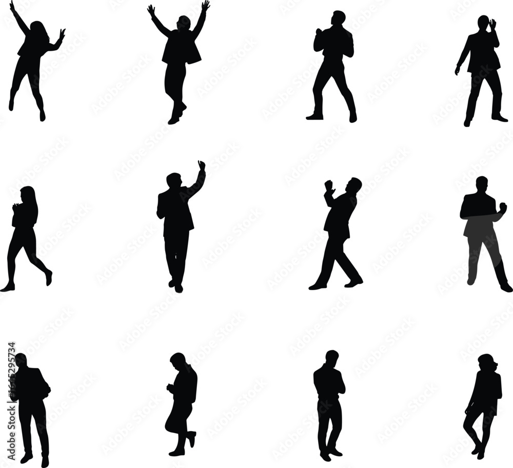 Naklejka premium Silhouettes of people in various dynamic poses, jumping, dancing, walking, standing, professional attire, vector illustration, isolated 
