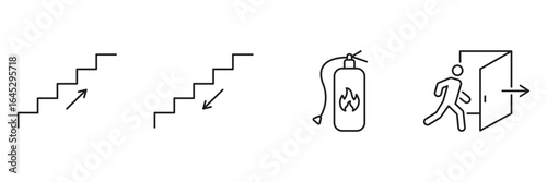 Emergency Evacuation And Safety Icons Set. Fire Safety, Exit Route, And Stairway Direction Outline Symbol Collection. Emergency Preparedness. Editable Stroke. Isolated Vector Illustration
