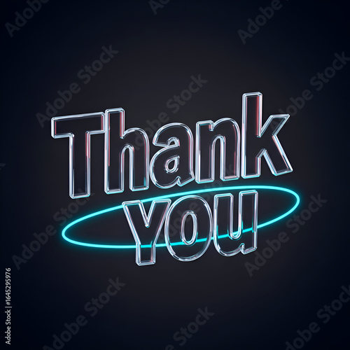 Thank you message with transparent 3D effect in dark background. Text graphic with neon outline, showing appreciation with a modern design.