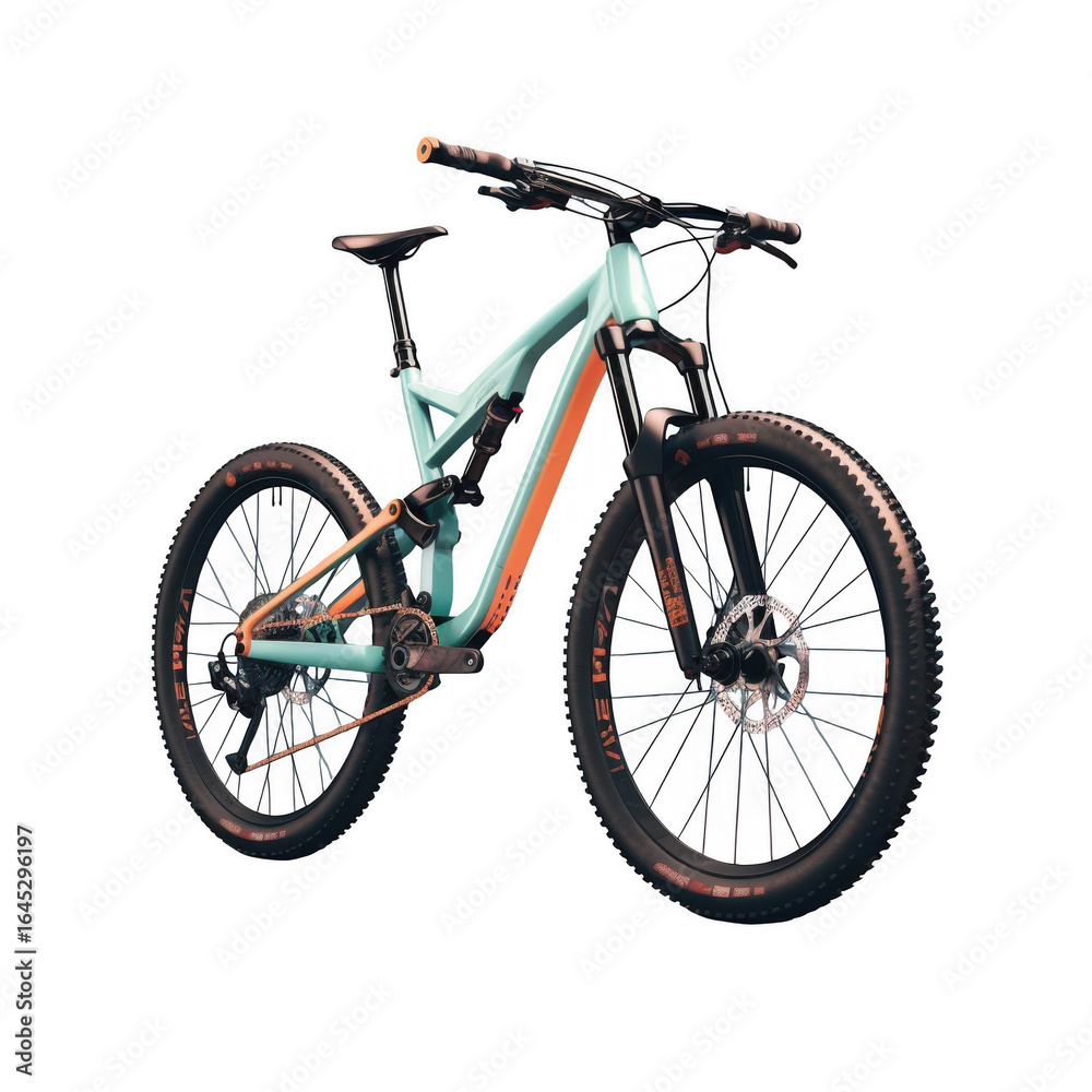 Fototapeta premium A teal and orange mountain bike isolated