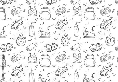  Seamless pattern of fitness and gym equipment isolated on white background