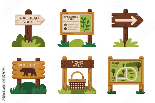 Trailhead and park sign icons, wildlife crossing gate and picnic area vector, map board illustration, wooden sign clipart, nature reserve design