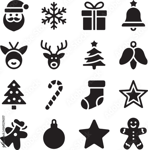 Christmas Silhouette Vector Set  Minimalist Black Holiday Icons with Santa, Trees, Stars, Snowflakes, and Gifts   Editable, High-Quality, Perfect for Stickers, Cards & Merch

