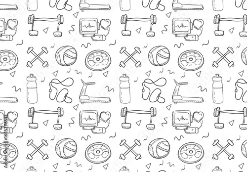  This seamless pattern features various gym equipment icons, perfect for fitness-related designs. It is ideal for backgrounds, textiles, and promotional materials.
