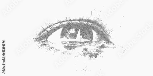 Eye with a ship silhouette. Rough ink shape with smudged grain stipple dust and soft threshold transitions. Paper texture with scattered grit and vintage feel.