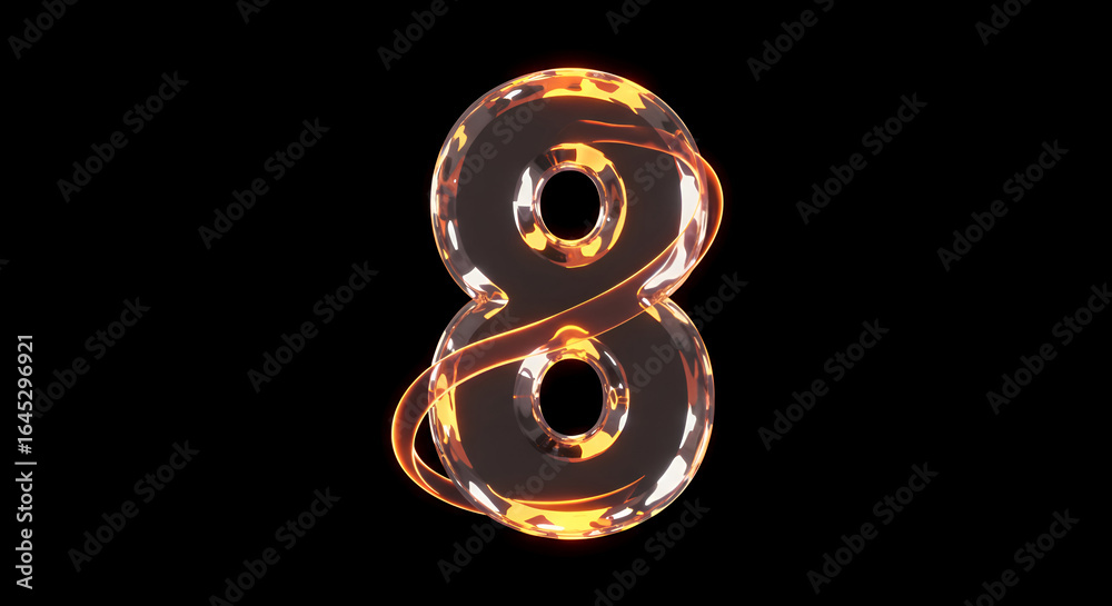 Obraz premium Glowing number eight in abstract design with warm orange highlights against a dark background. Modern, dynamic graphic element with digital art style.