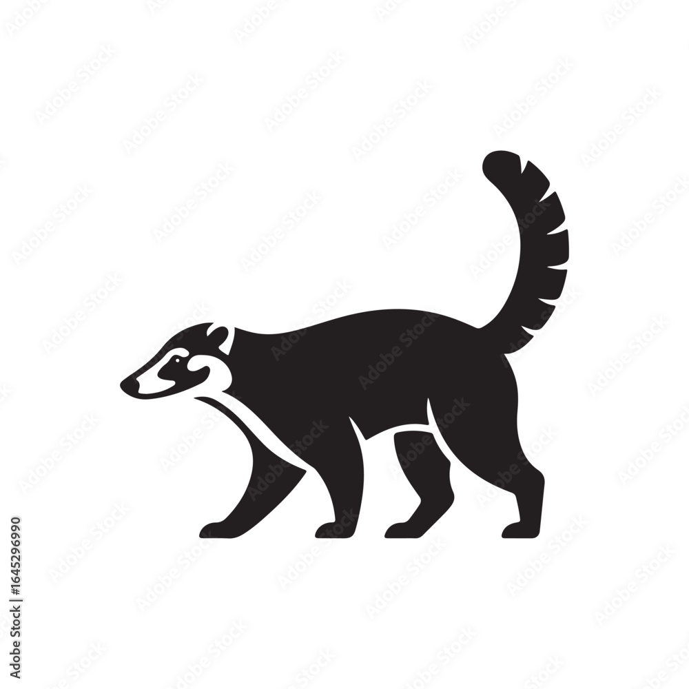 Obraz premium Solid Black Coati Silhouette Walking with Tail Up on White Background