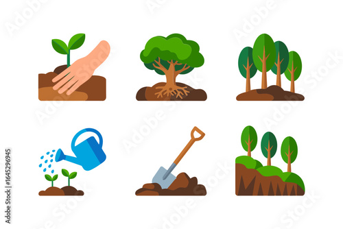 Garden care and tree growth icons, hand planting sapling watering can shovel vector, soil mound illustration, landscape maintenance clipart, eco garden elements