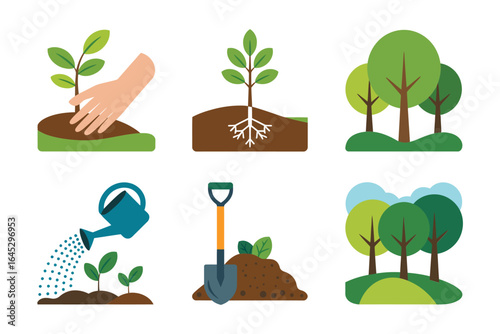 Tree planting steps icons, sapling roots watering can shovel vector, growth cycle illustration, reforestation clipart, green nature design