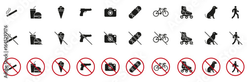 Prohibited Activities And Items Solid Icon Set. No Smoking, Eating, Weapons, Photography And Walking Silhouette Symbol Collection. Public Space Restrictions. Isolated Vector Illustration