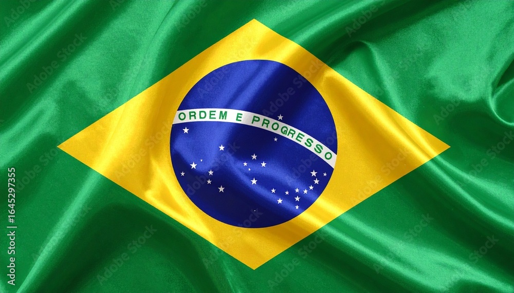 Fototapeta premium waving flag of brazil with yellow diamond, blue globe, and