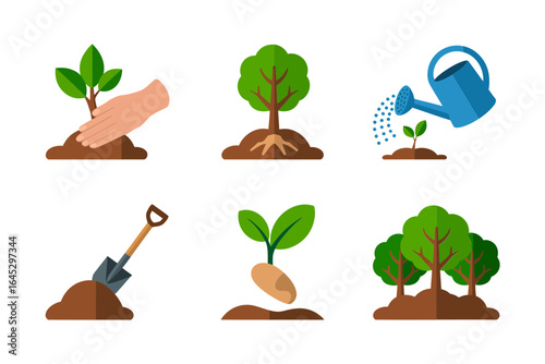 Sapling growth and tree care icons, shovel soil watering can vector, root bulb planting illustration, reforestation clipart, environment design asset