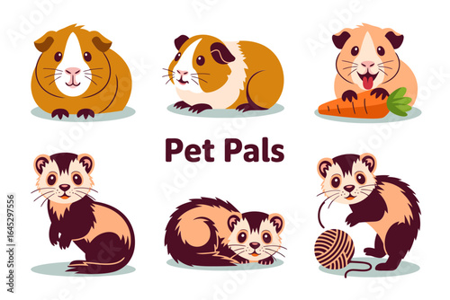Pet pals small animal icons, guinea pig ferret cartoon vector, cuddly pet illustration, adorable mascot clipart, kids sticker design