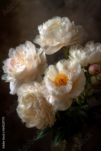 Luminous peonies: Soft, elegant blooms in a vase, illuminated against a dark backdrop, evoking tranquility.