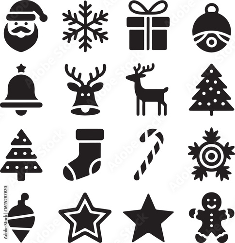 Christmas Silhouette Vector Set  Minimalist Black Holiday Icons with Santa, Trees, Stars, Snowflakes, and Gifts   Editable, High-Quality, Perfect for Stickers, Cards & Merch

