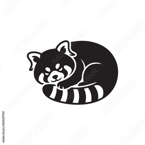Solid Black Red Panda Silhouette Curled into Sleeping Ball on White Background