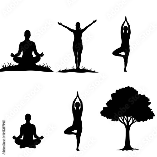 Yoga Poses & Tree Silhouette Find Inner Peace
