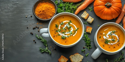 Delicious Pumpkin Soup Served With Fresh Herbs and Bread on a Dark Kitchen Su...