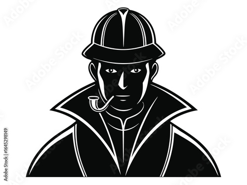 Sherlock Holmes silhouette, iconic detective figure with deerstalker hat and pipe, perfect for mystery themes, crime stories, detective branding, classic literature projects, and vintage designs.